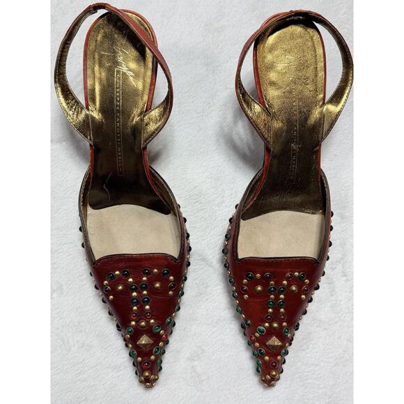 Vtg Giuseppe Zanotti Vicini Jeweled Red Leather Slingback Heels Italy 7B Medium - Picture 3 of 16